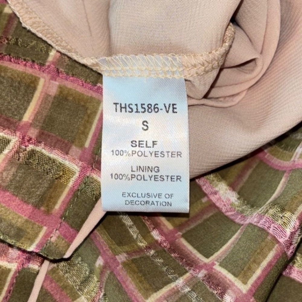 NWT THML Womens Olive Green Blush Plaid Puffer Sleeve Tie Closure Blouse Small - Picture 7 of 8